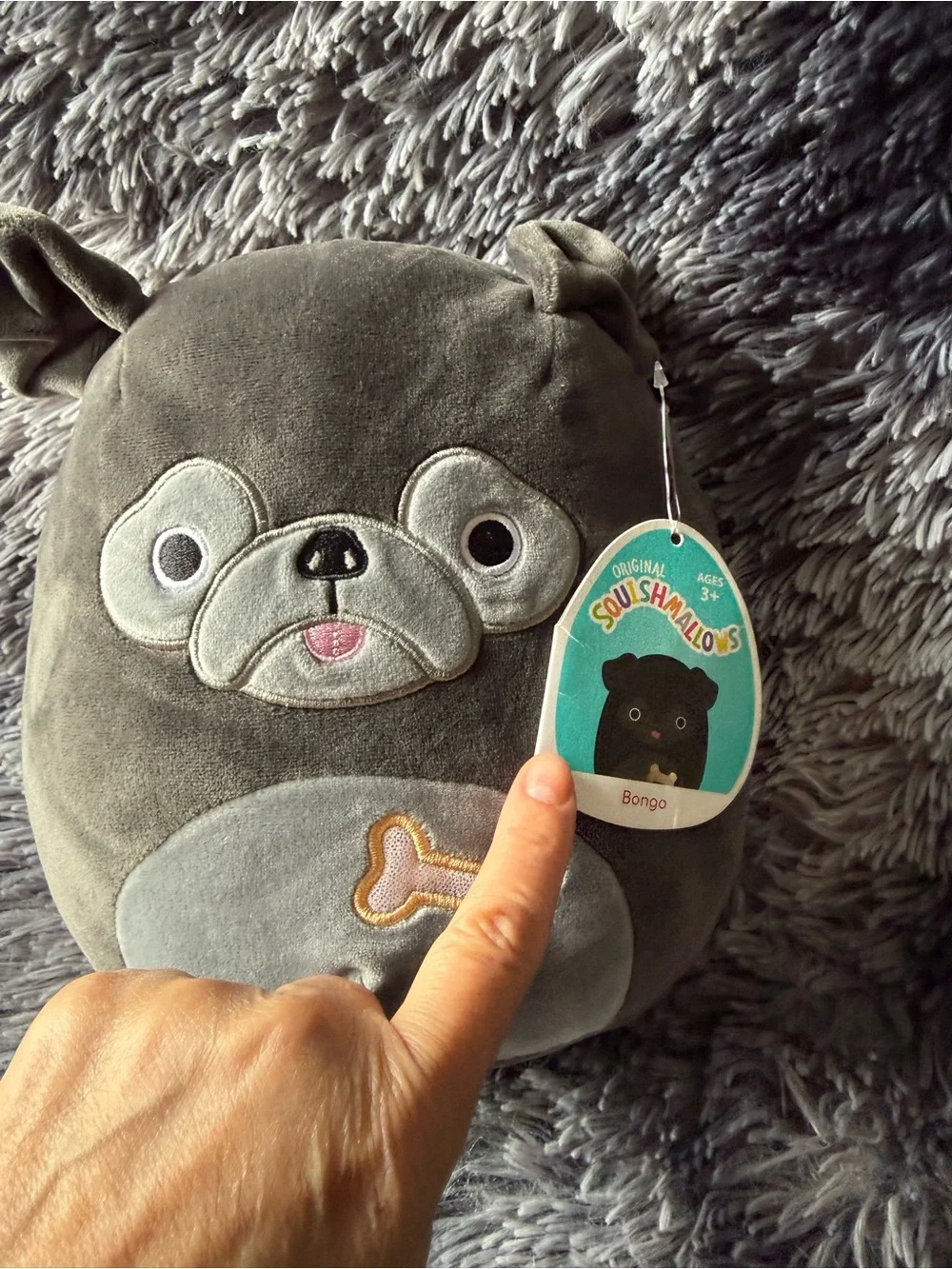 Squishmallows Bongo Gray Plush Dog Toy with Embroidered Bone